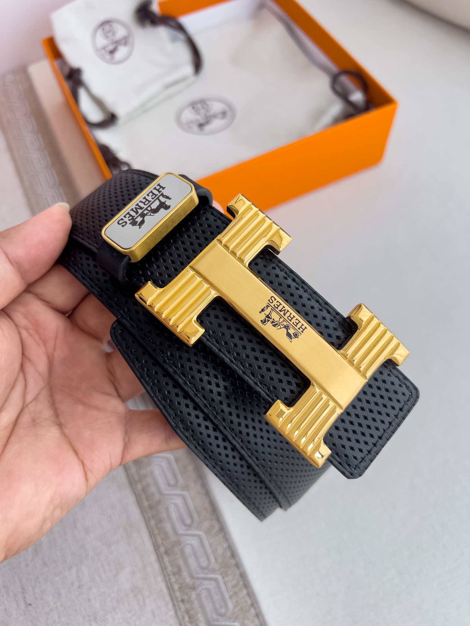 Hermes Reversible Leather Belt with Gold Textured H Buckle