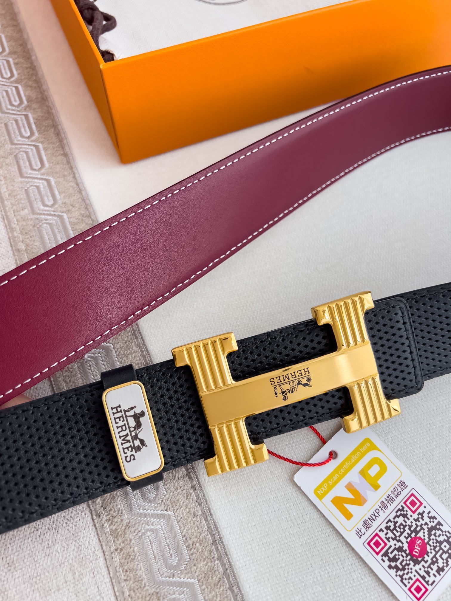 Hermes Reversible Leather Belt with Gold Textured H Buckle
