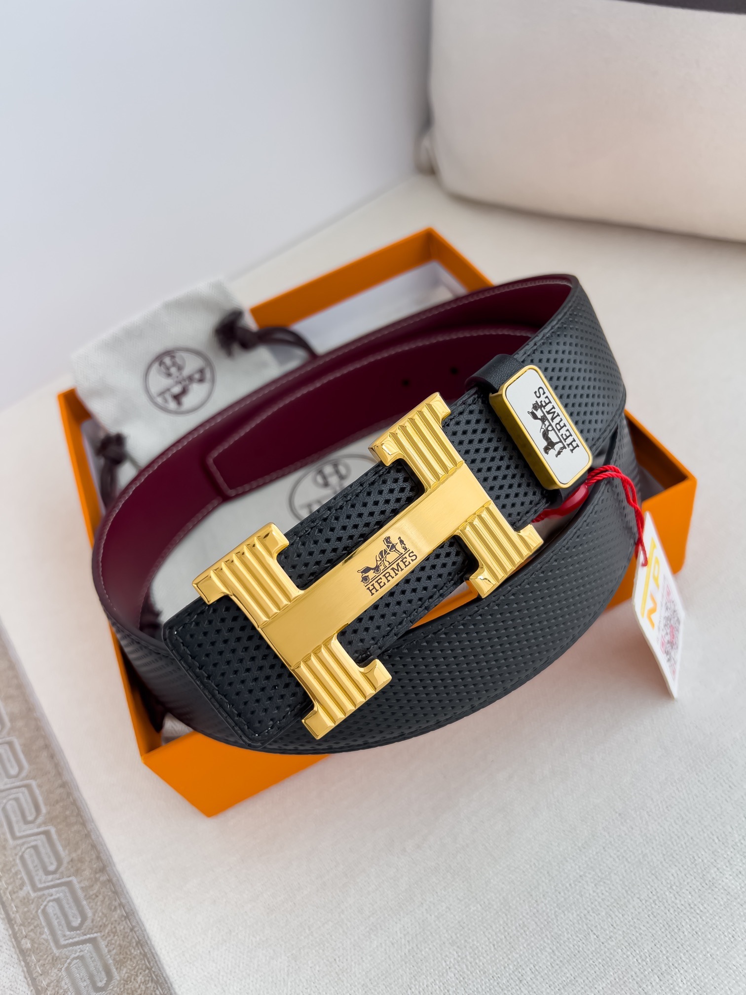 Hermes Reversible Leather Belt with Gold Textured H Buckle