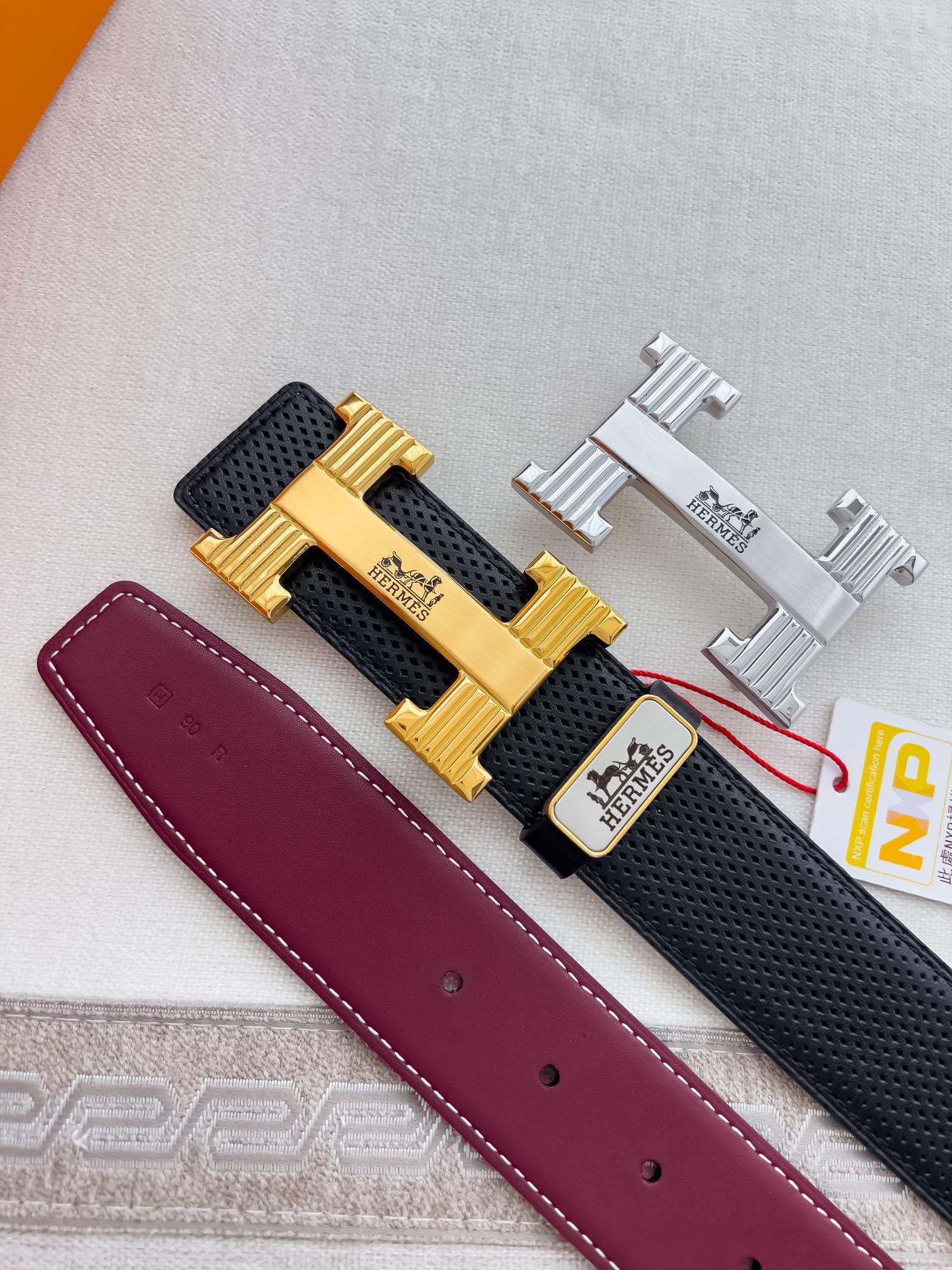 Hermès Men's Leather Belt with Gold Textured H Buckle