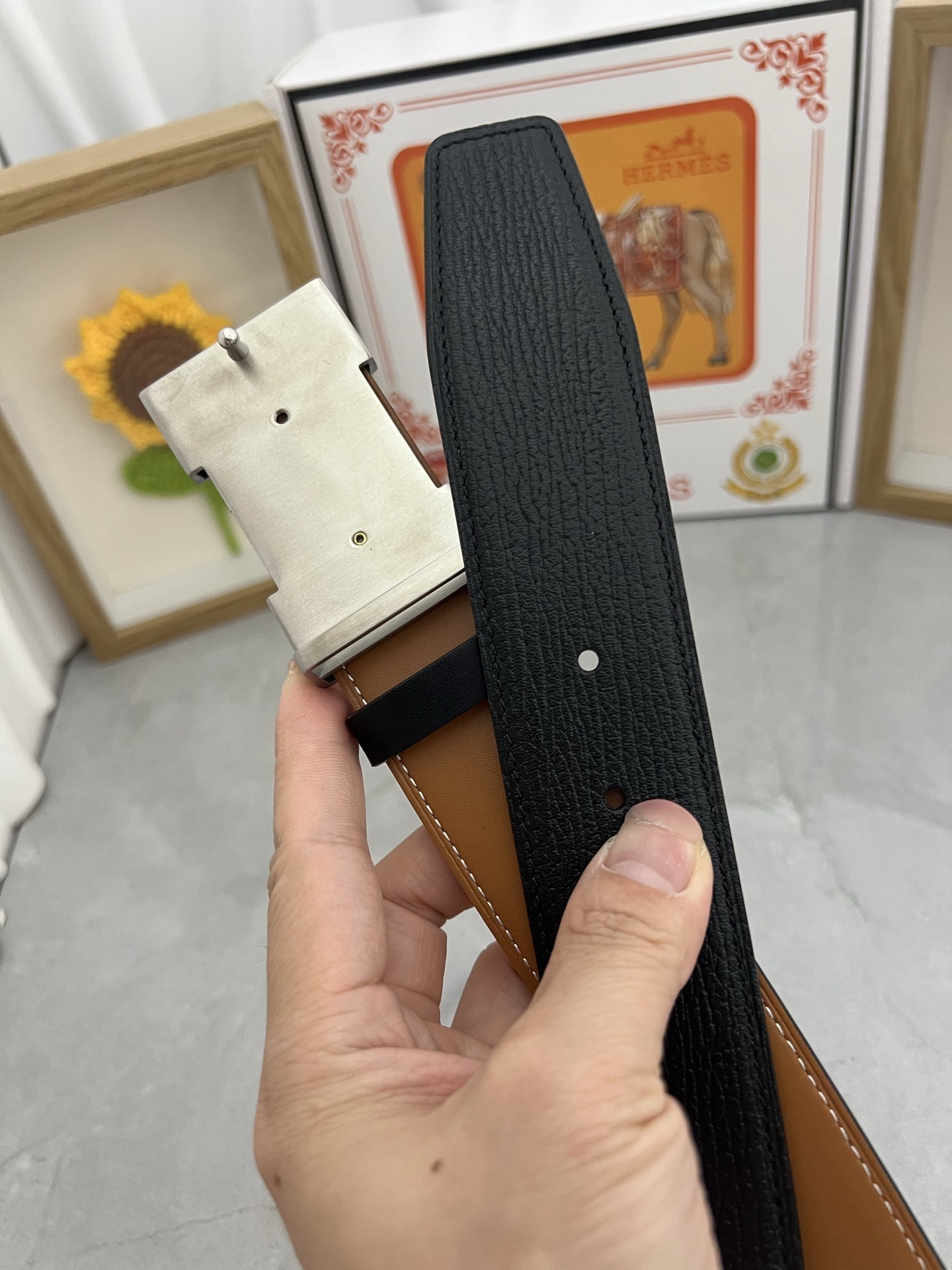 Hermes Men's Luxury Black Leather Belt with Engraved Silver H Buckle