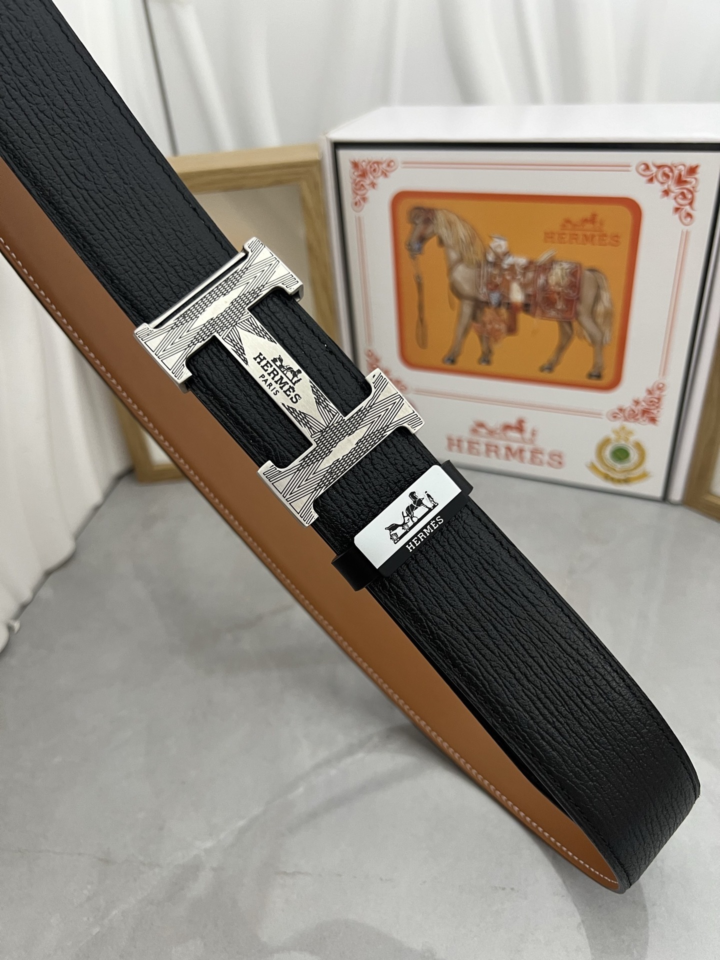 Hermes Men's Luxury Black Leather Belt with Engraved Silver H Buckle