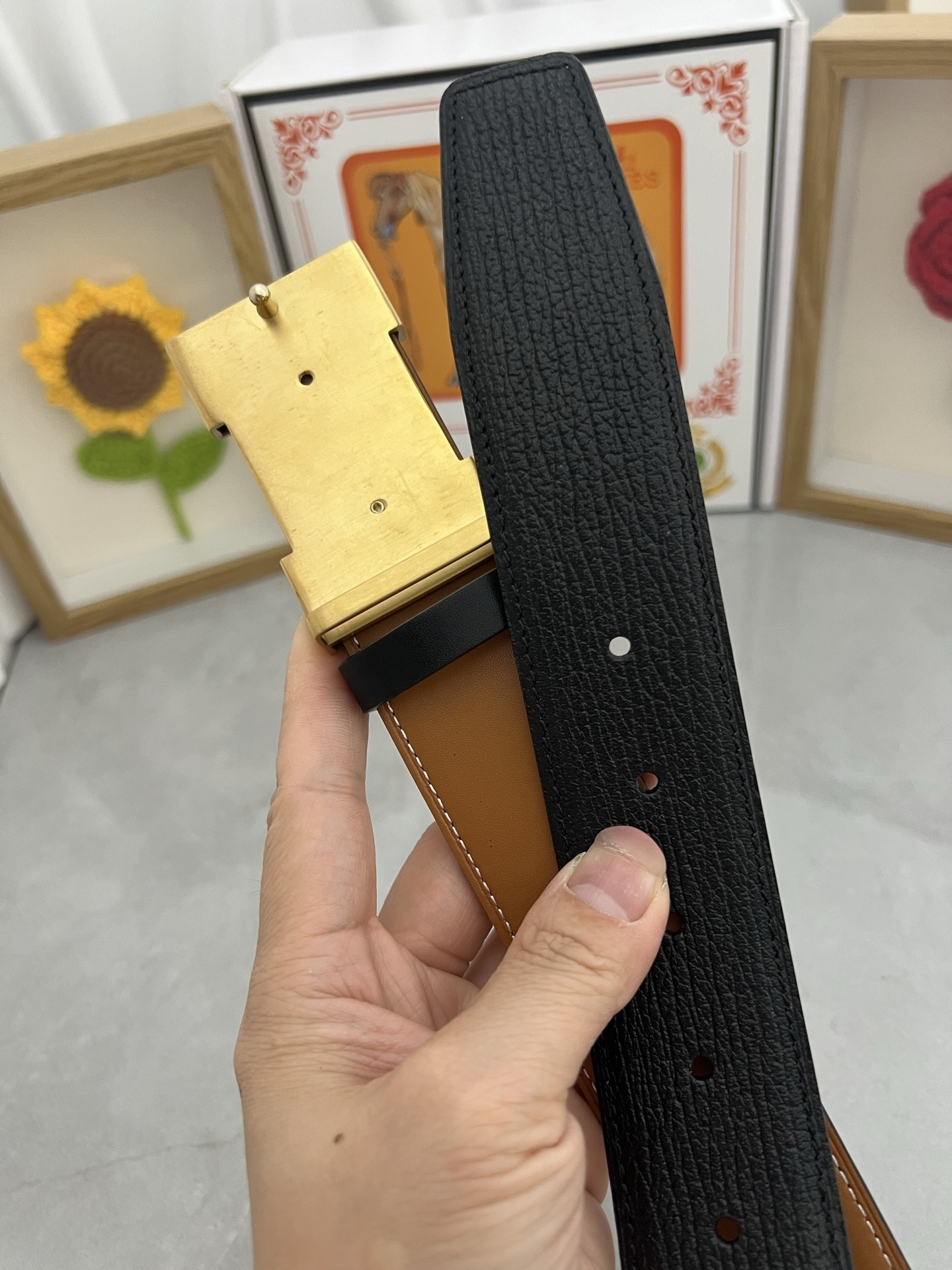 Luxury Hermes Men's Black Leather Belt with Gold H Buckle