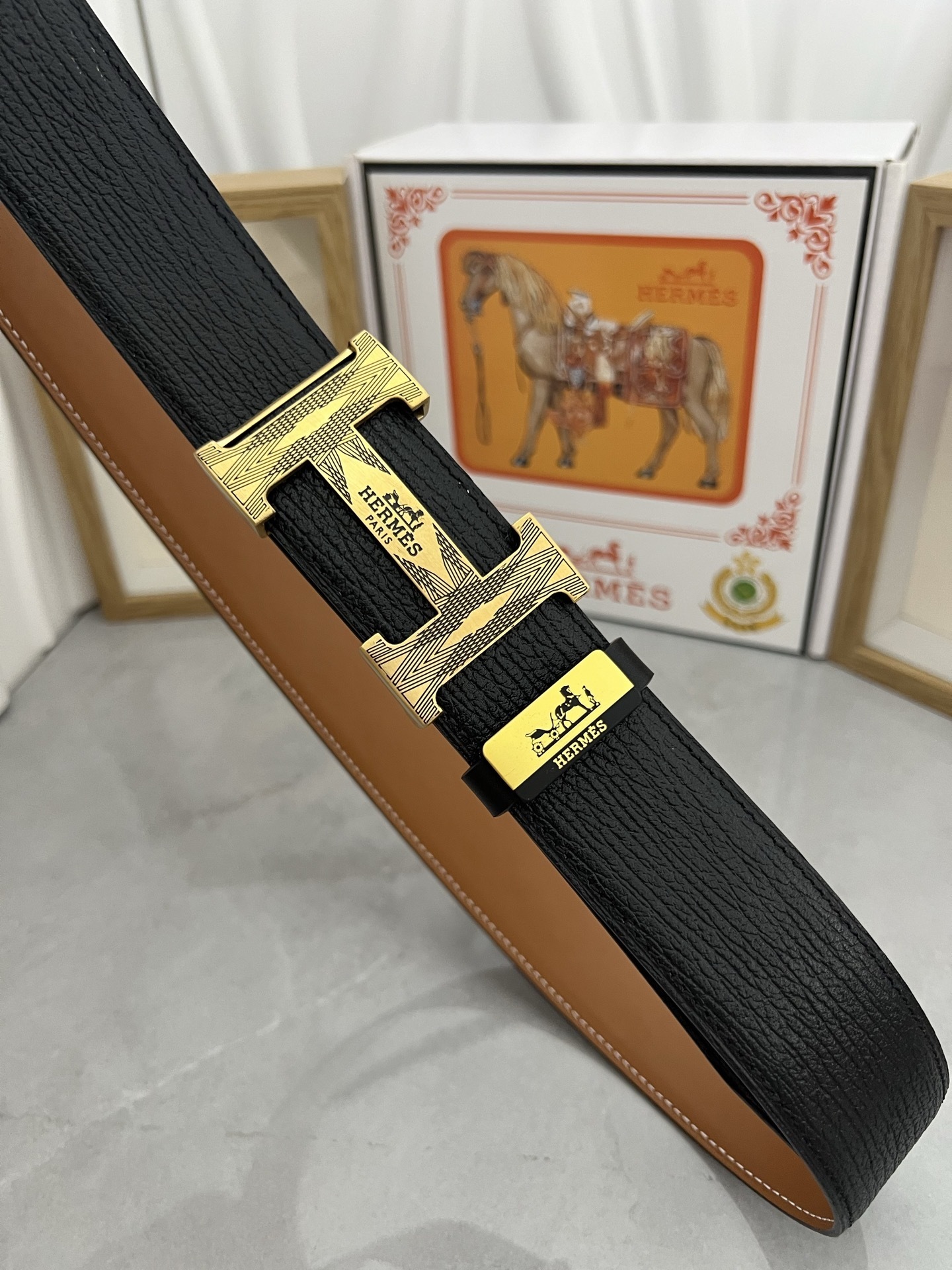 Luxury Hermes Men's Black Leather Belt with Gold H Buckle