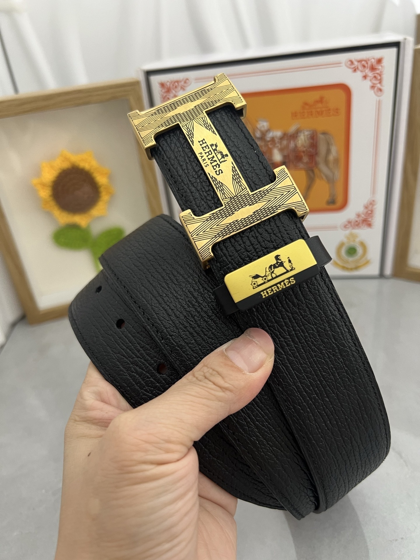 Luxury Hermes Men’s Black Leather Belt with Gold H Buckle