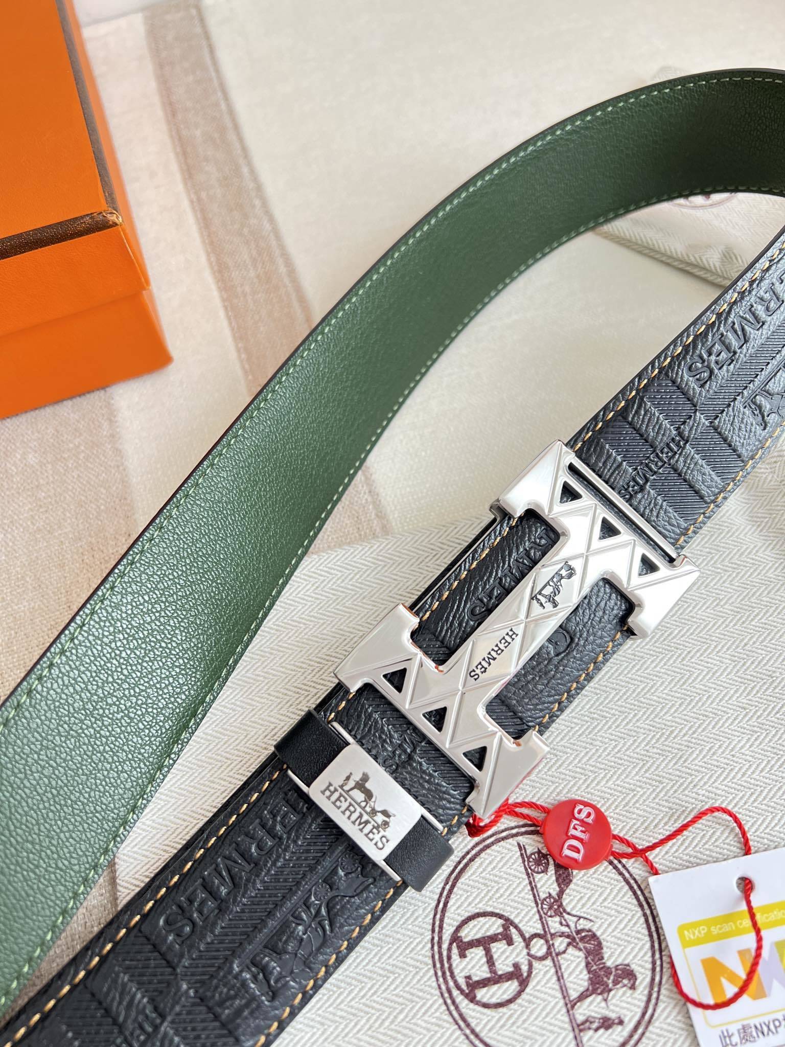 Hermes Premium Men's Leather Belt - Embossed Design & Silver H Buckle