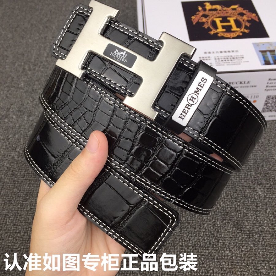 Luxury Men’s Black Crocodile Leather Belt with Silver H Buckle