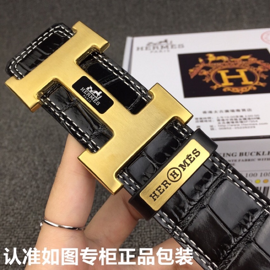 Hermes Black Crocodile Leather Men's Belt with Gold H Buckle