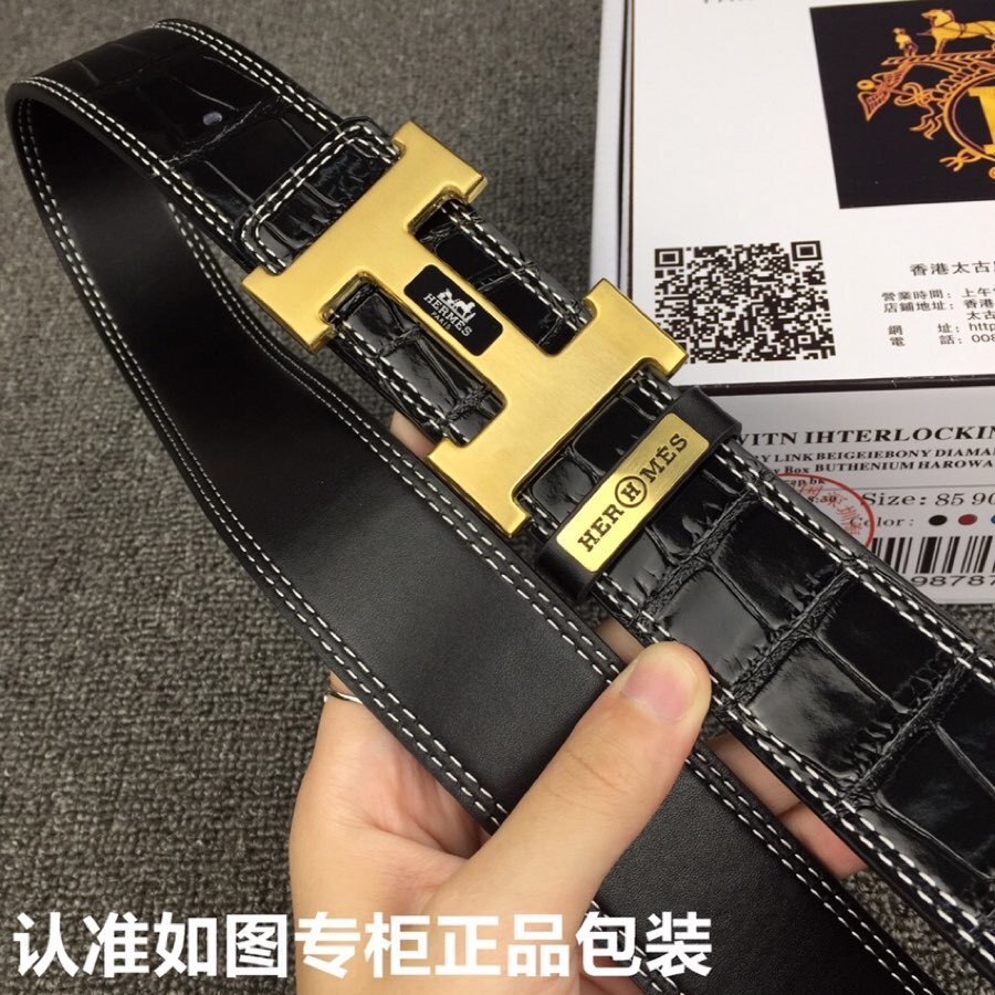 Hermes Black Crocodile Leather Men's Belt with Gold H Buckle