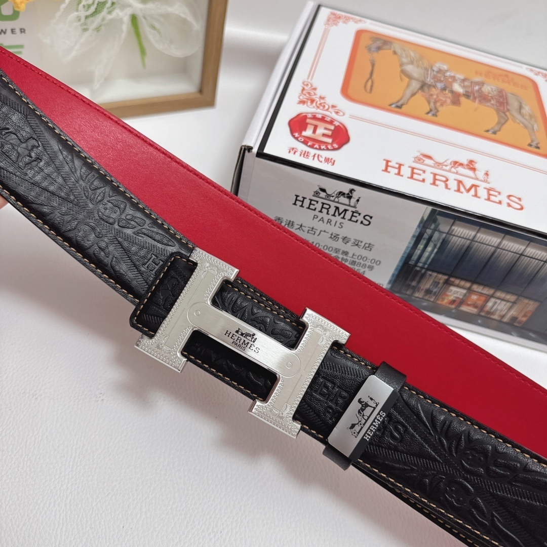 Luxury Hermes Men's Embossed Leather Belt with Silver H Buckle