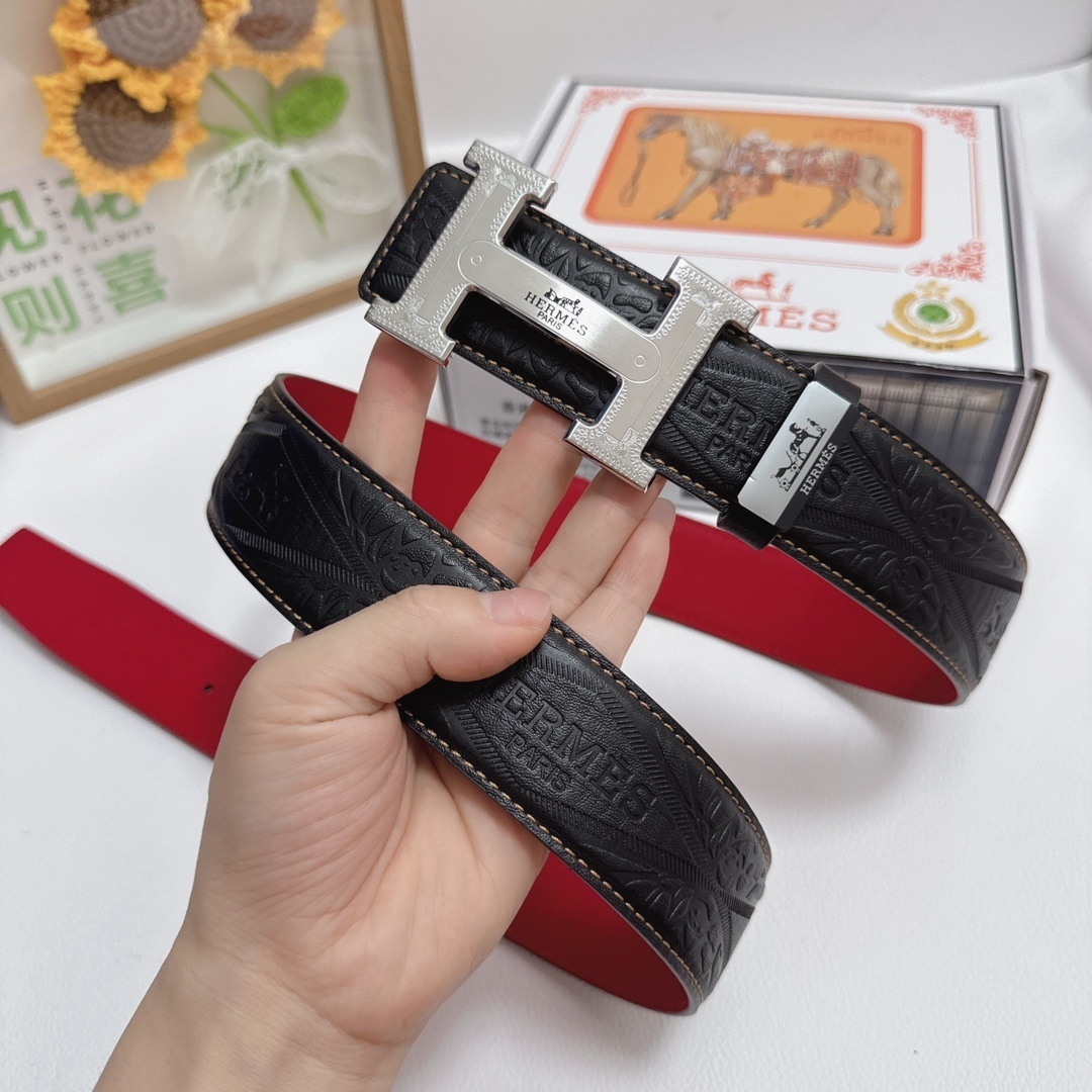 Luxury Hermes Men's Embossed Leather Belt with Silver H Buckle