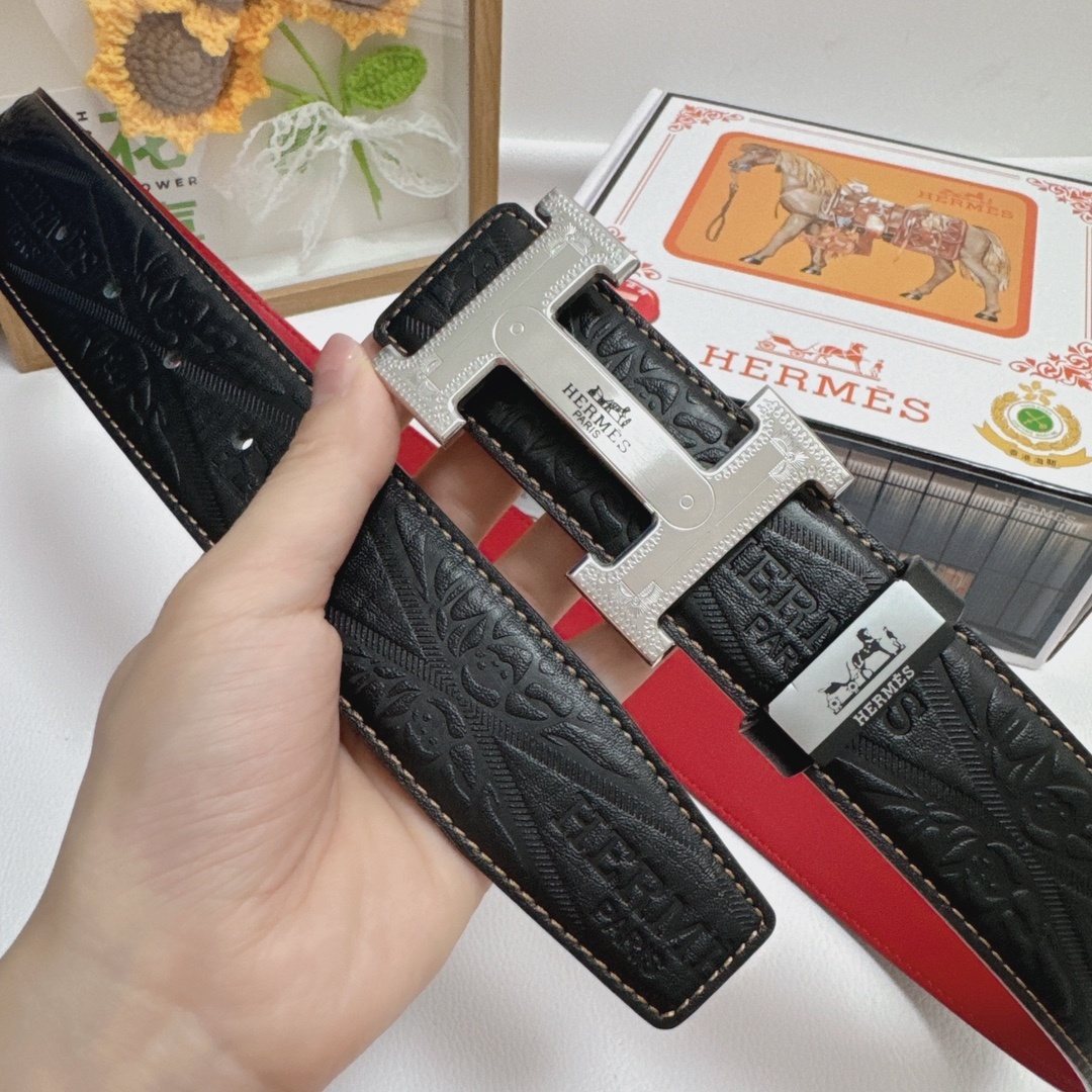 Luxury Hermes Men's Embossed Leather Belt with Silver H Buckle