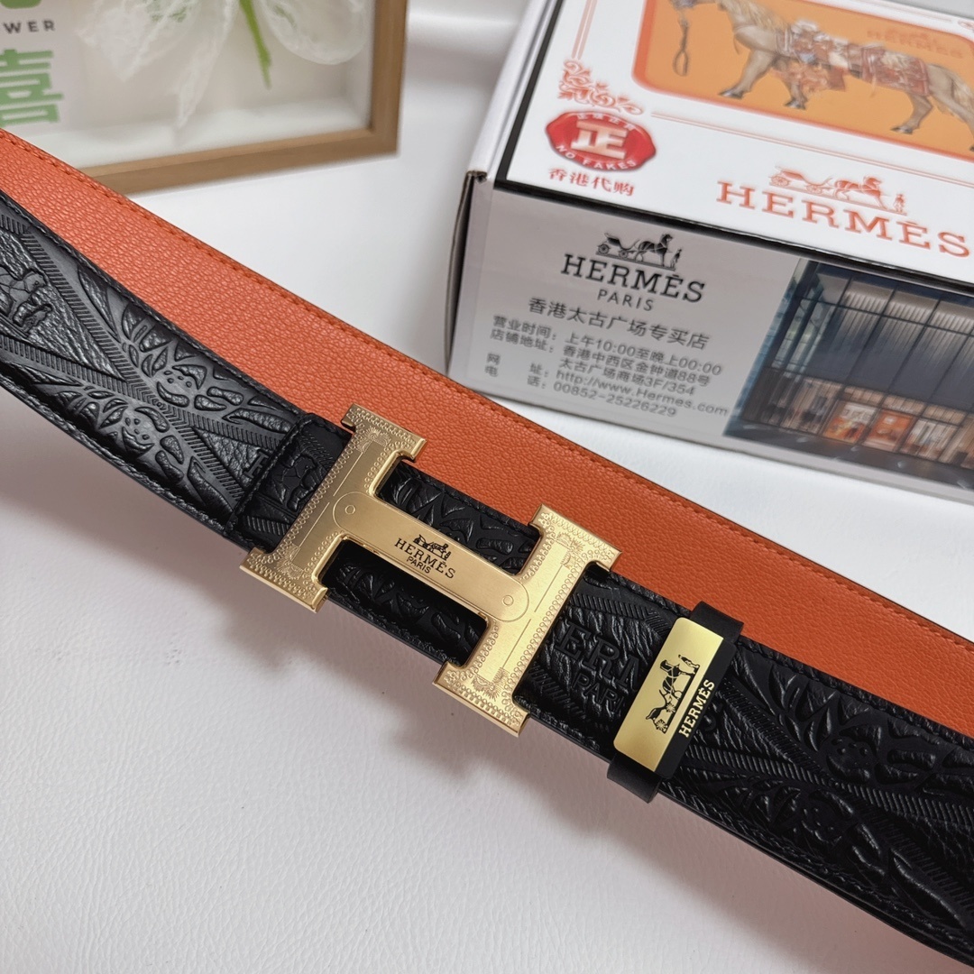 Hermes Luxury Reversible Embossed Leather Belt with Gold H Buckle