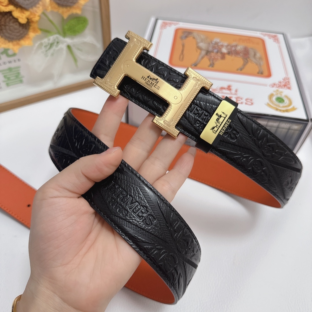 Hermes Luxury Reversible Embossed Leather Belt with Gold H Buckle