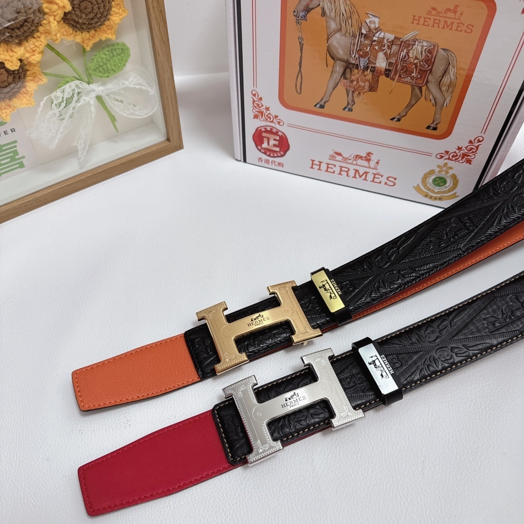 Hermès H Buckle Reversible Embossed Leather Designer Belt