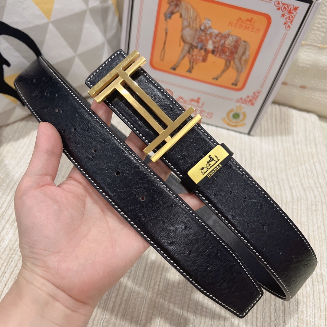 Hermès Men's Black Leather Belt with Iconic Gold H Buckle