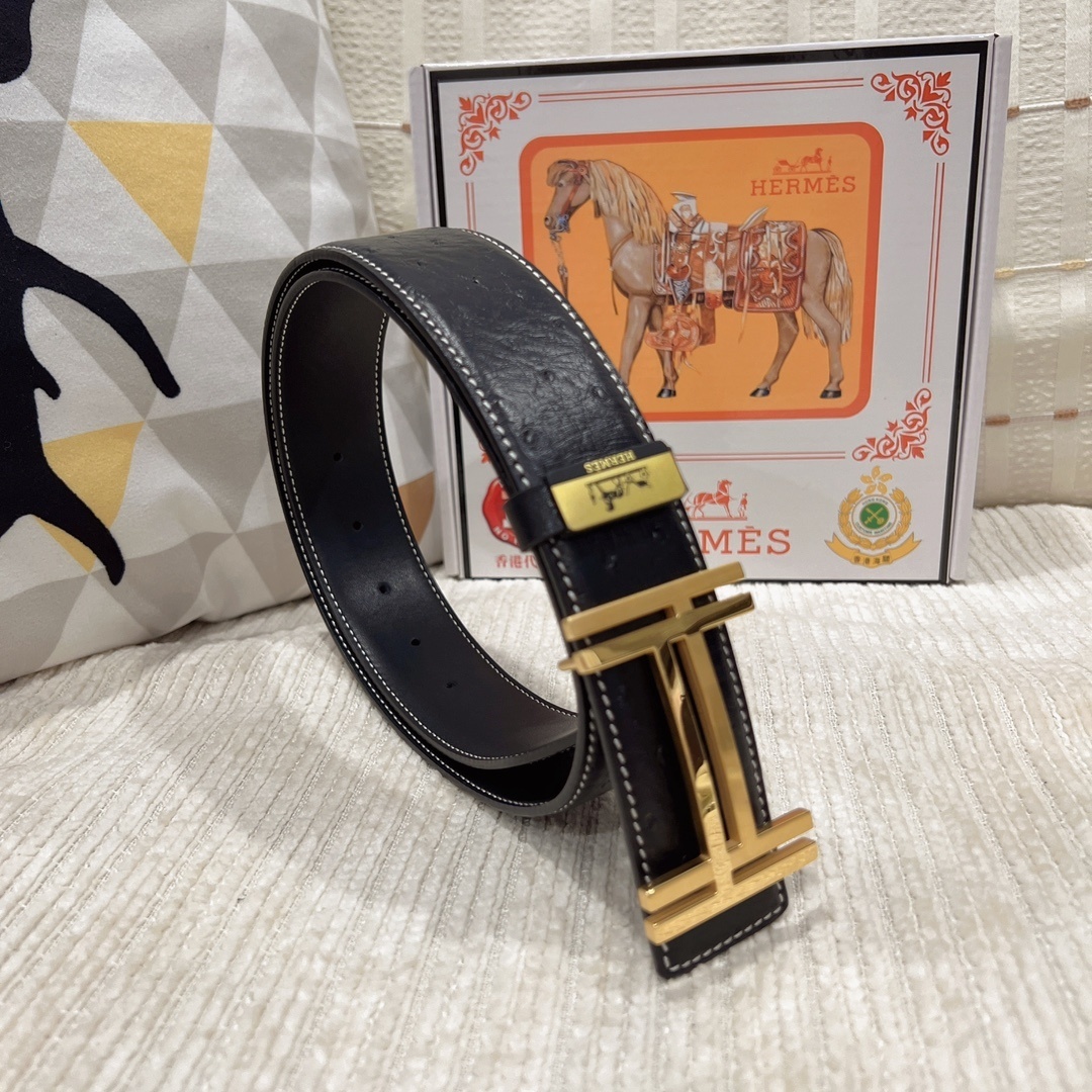 Hermès Men’s Black Leather Belt with Iconic Gold H Buckle
