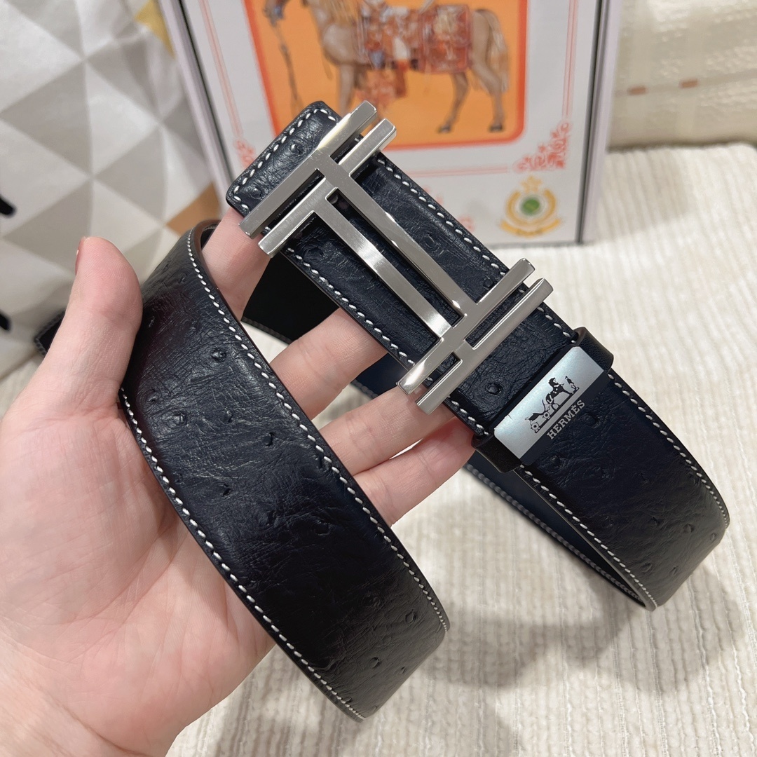 Luxury Men's Black Ostrich Leather Belt with Silver Buckle