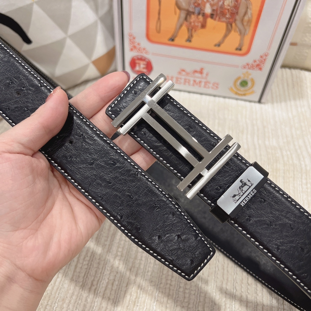 Luxury Men's Black Ostrich Leather Belt with Silver Buckle