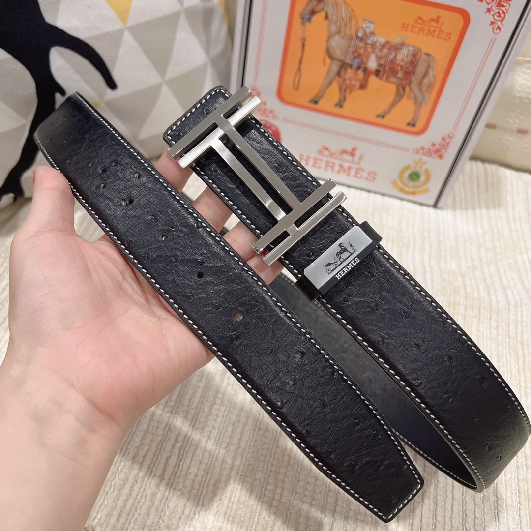 Luxury Men's Ostrich Leather Belt - Iconic H Buckle Designer Style