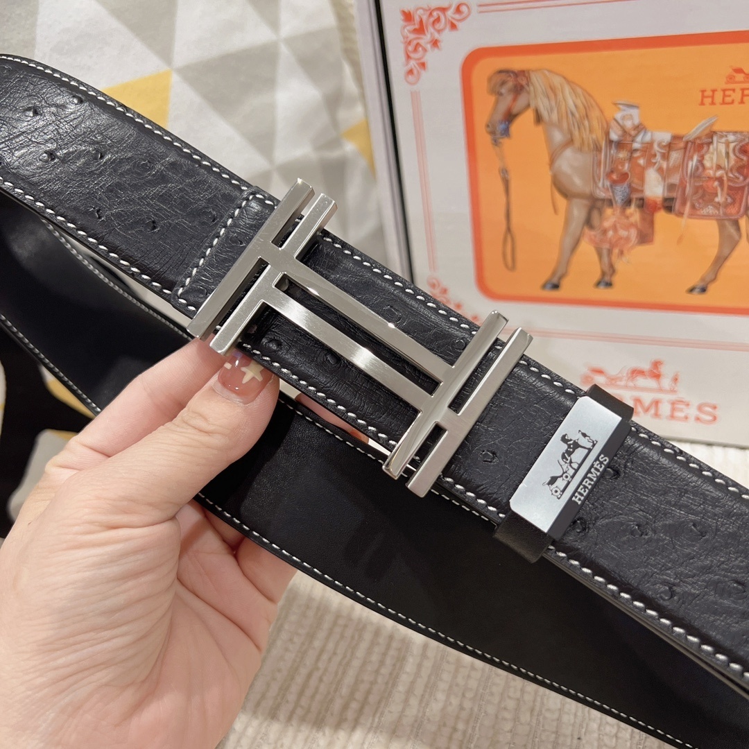 Luxury Men's Ostrich Leather Belt - Iconic H Buckle Designer Style