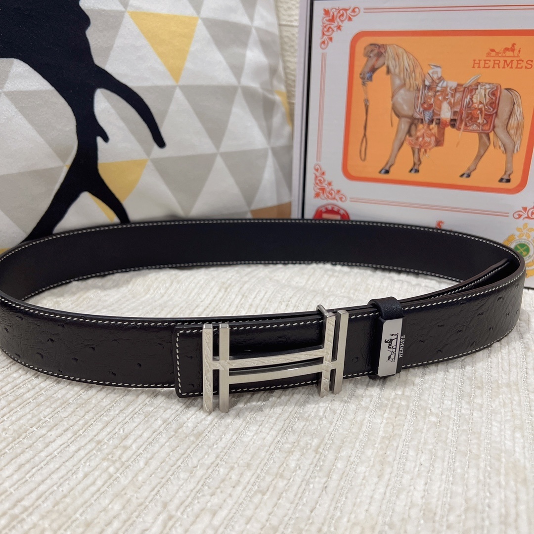 Luxury Men's Ostrich Leather Belt - Iconic H Buckle Designer Style