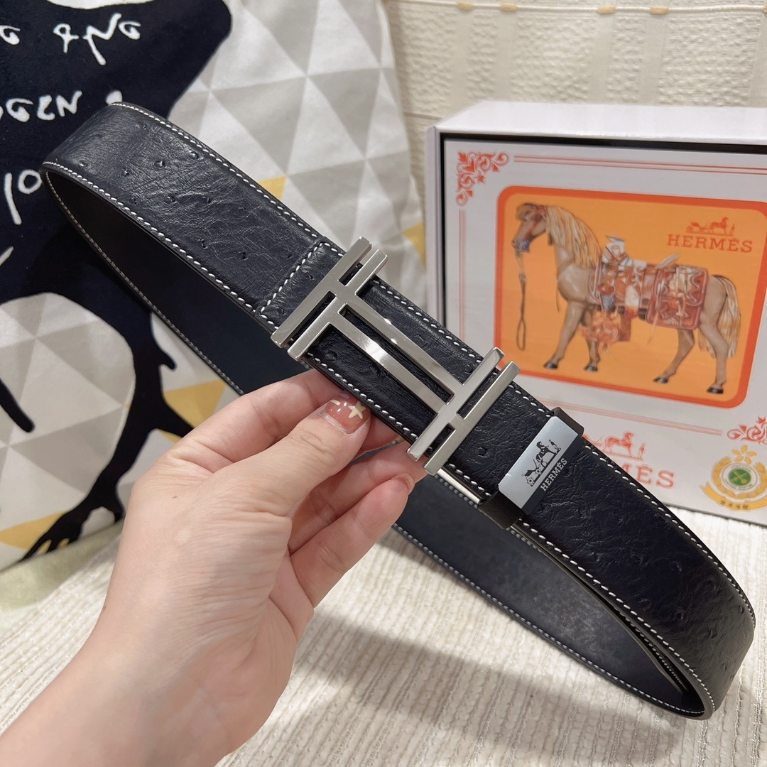 Luxury Men's Ostrich Leather Belt - Iconic H Buckle Designer Style