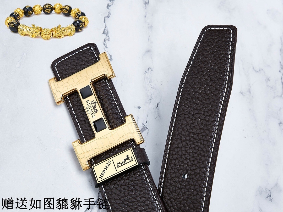 Premium Men's Leather Belt with Gold H Buckle & Lucky Bracelet Set