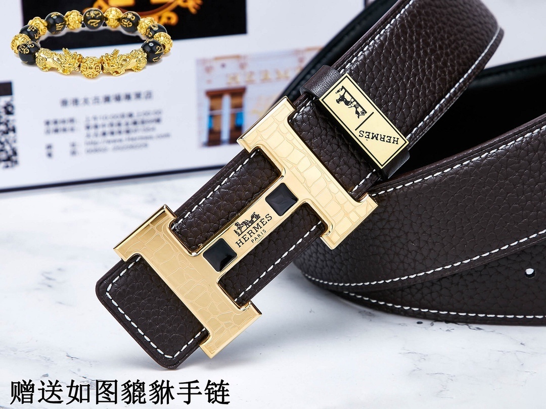 Premium Men's Leather Belt with Gold H Buckle & Lucky Bracelet Set