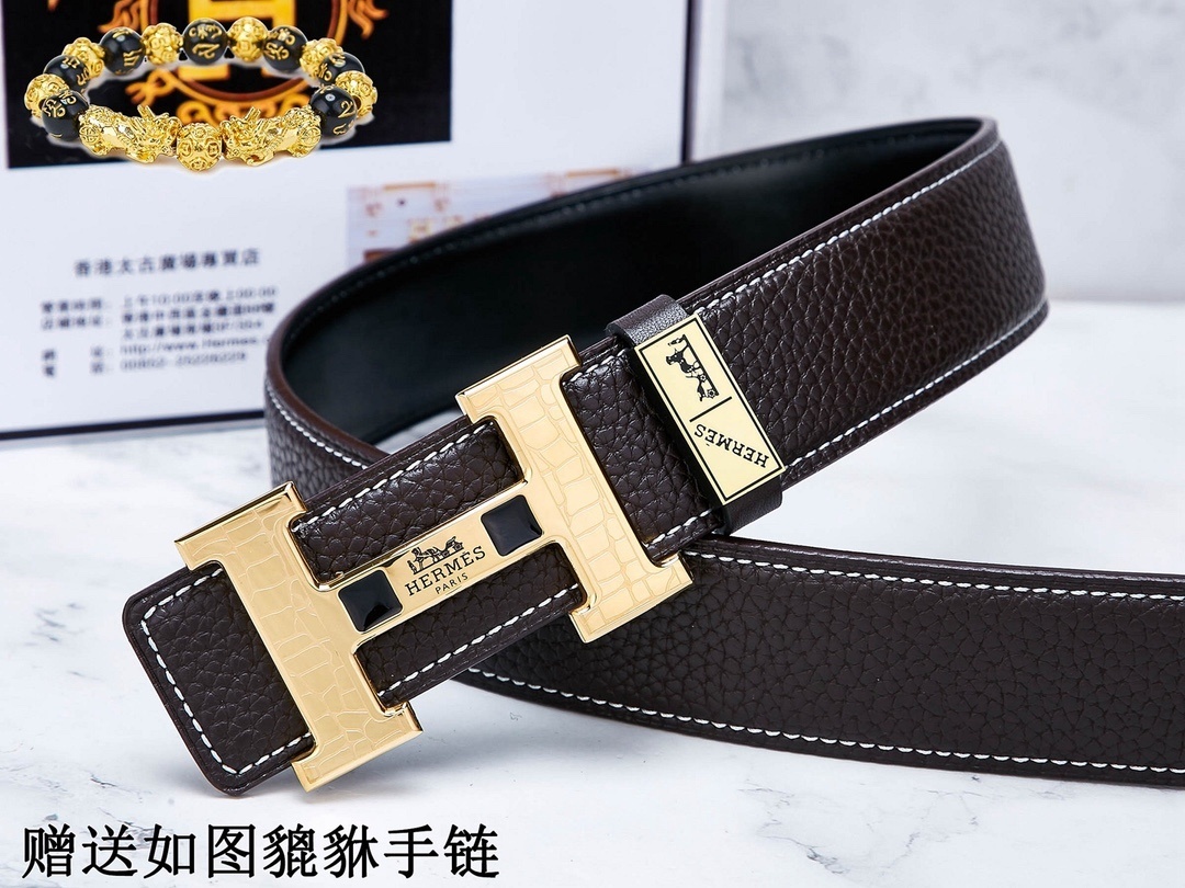 Premium Men's Leather Belt with Gold H Buckle & Lucky Bracelet Set