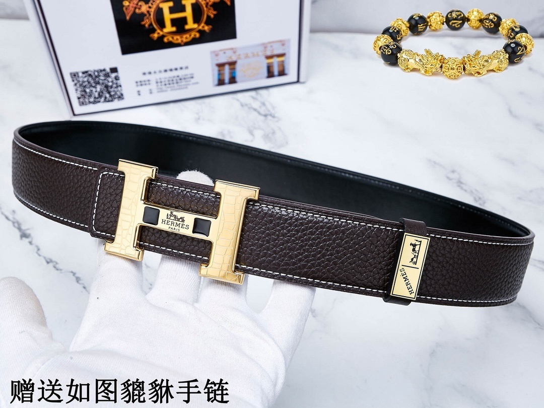 Premium Men's Leather Belt with Gold H Buckle & Lucky Bracelet Set