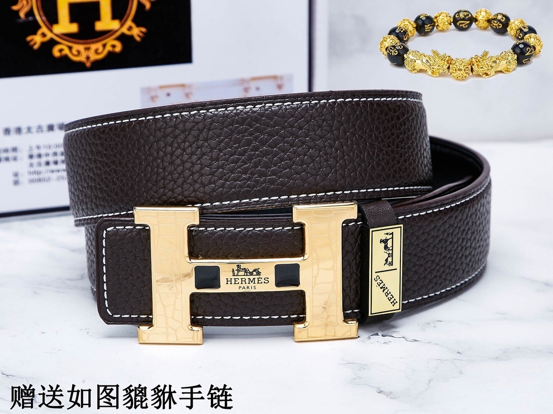 Premium Men's Leather Belt with Gold H Buckle & Lucky Bracelet Set