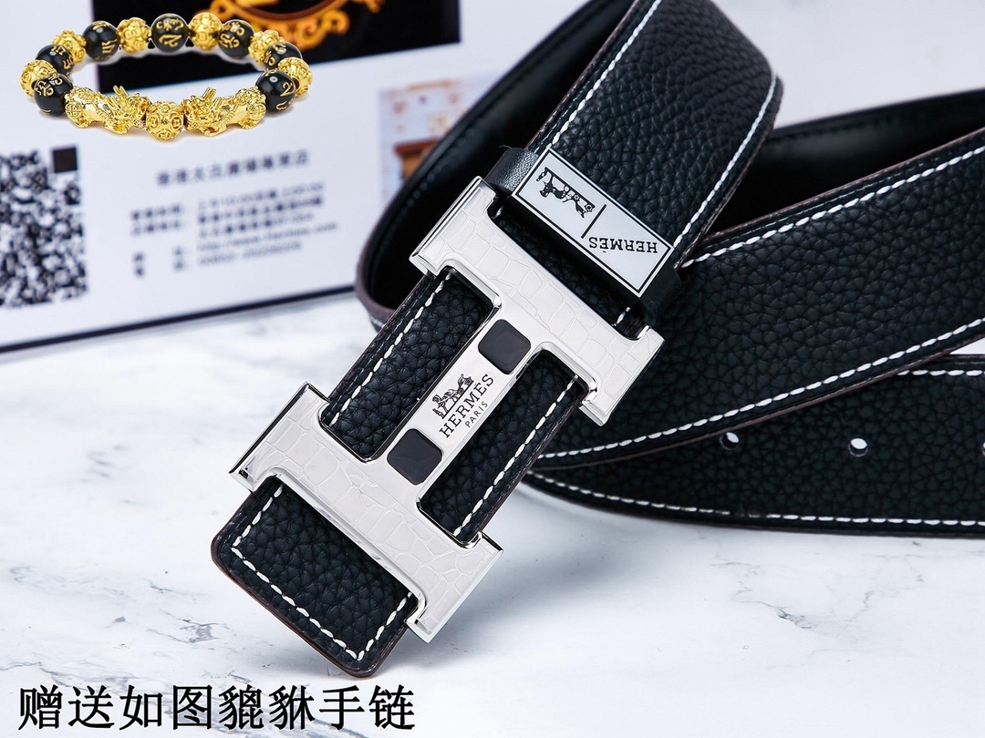 Luxury Men's Leather Belt with Silver H-Buckle & Free Pixiu Bracelet