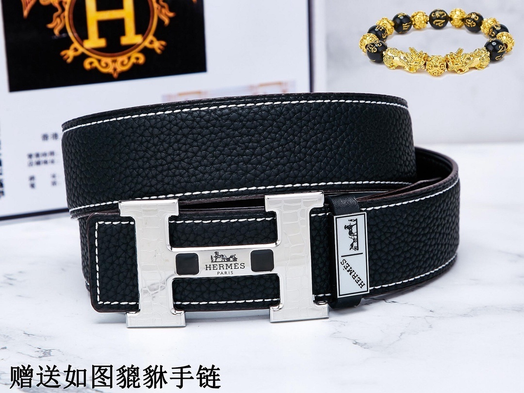 Luxury Men's Leather Belt with Silver H-Buckle & Free Pixiu Bracelet