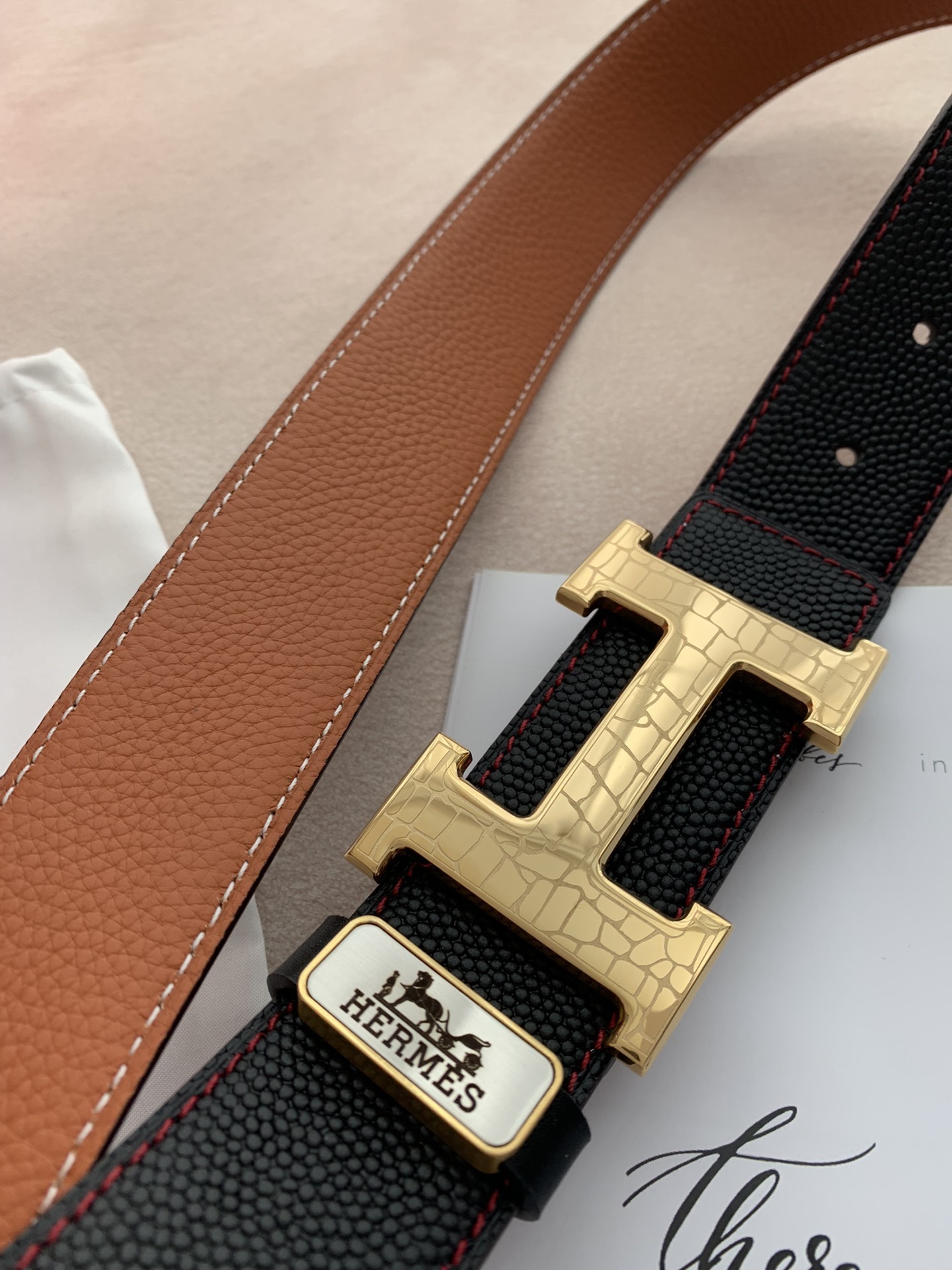 Luxury H Buckle Leather Belt - Gold Crocodile Pattern Buckle