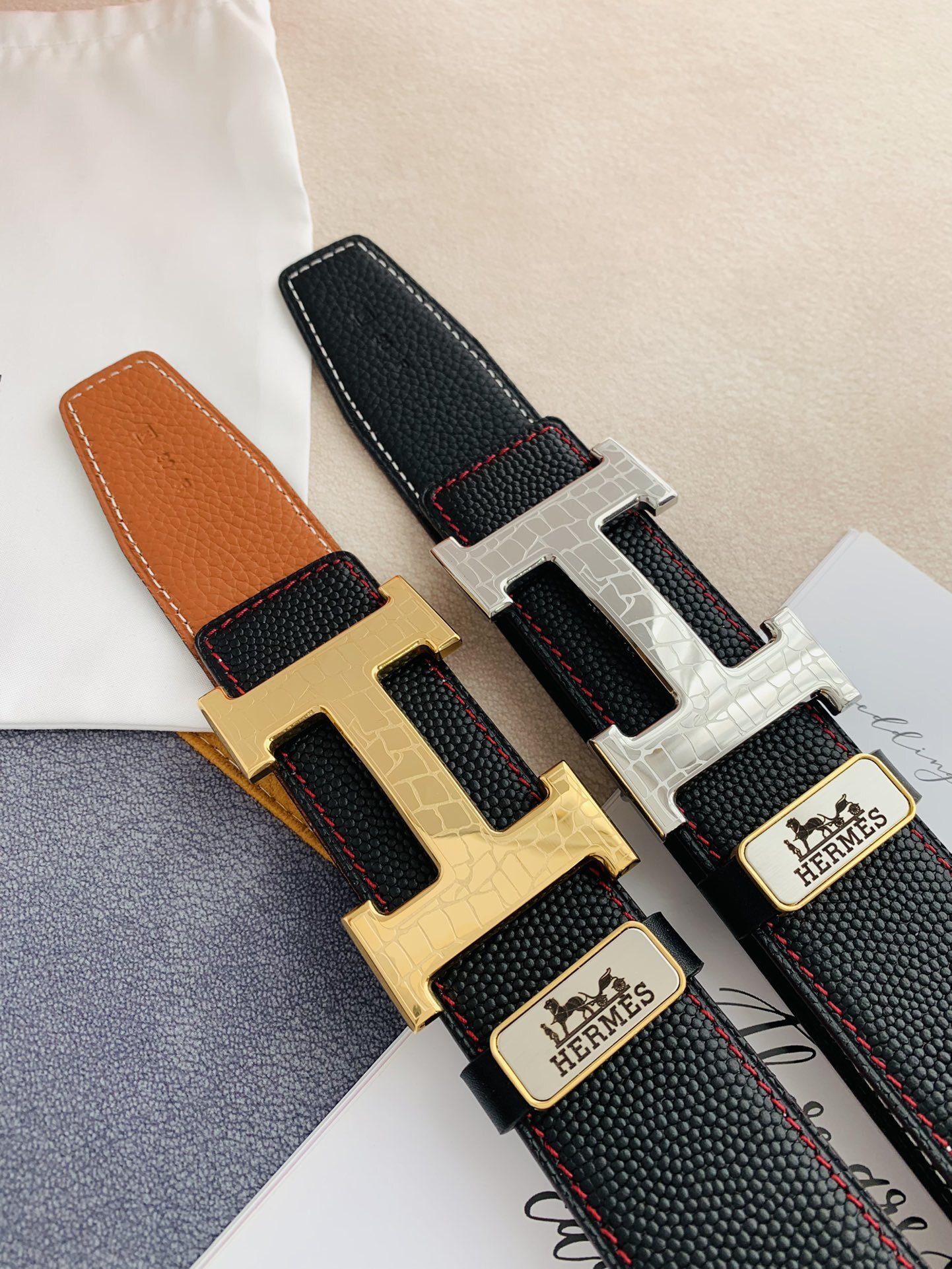 Luxury Men's Leather Belt - Gold H Buckle with Red Stitching