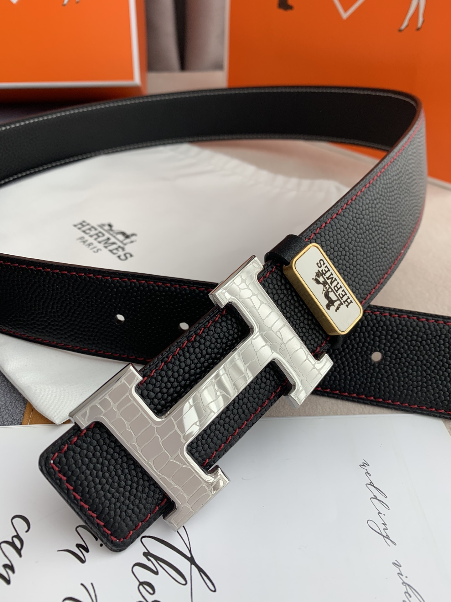 Luxury Men's Leather Belt - Gold H Buckle with Red Stitching