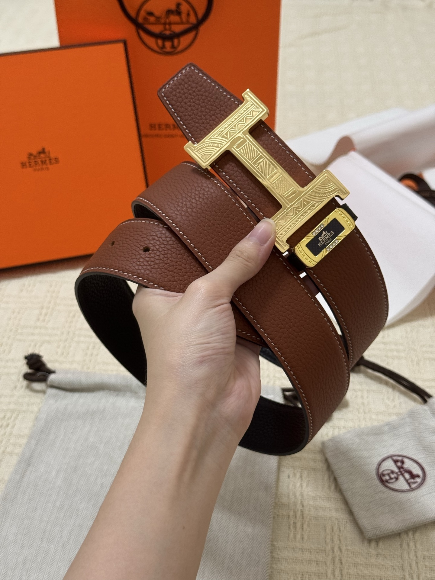 Hermes Reversible Leather Belt with Engraved Gold H Buckle