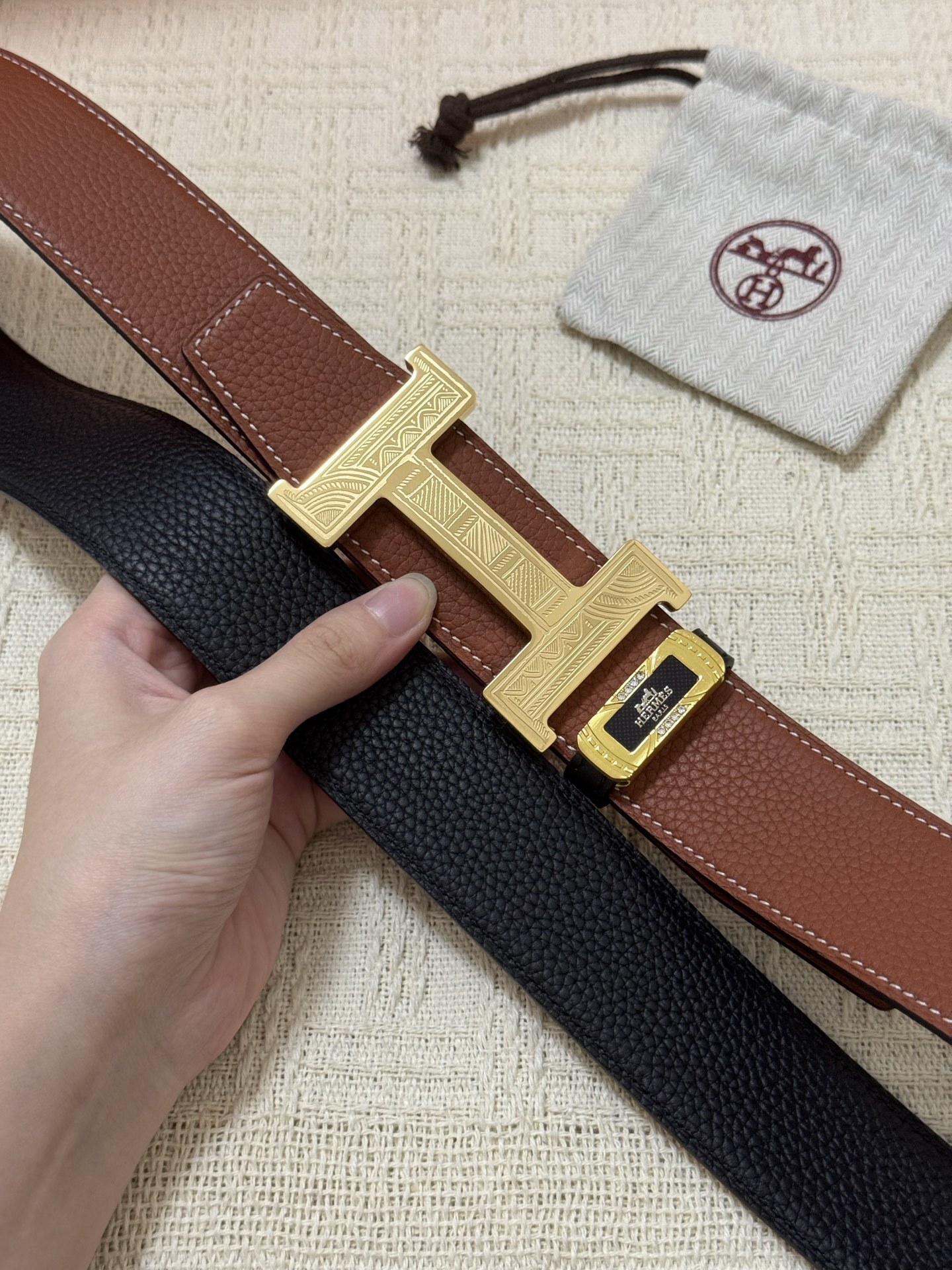 Hermes Reversible Leather Belt with Engraved Gold H Buckle