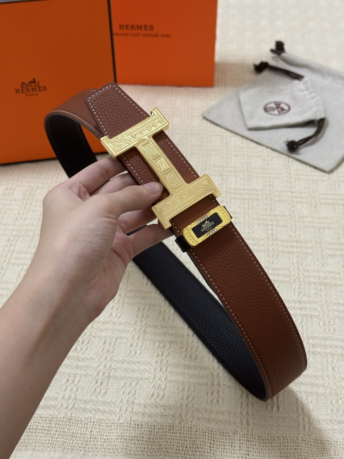 Hermes Reversible Leather Belt with Engraved Gold H Buckle