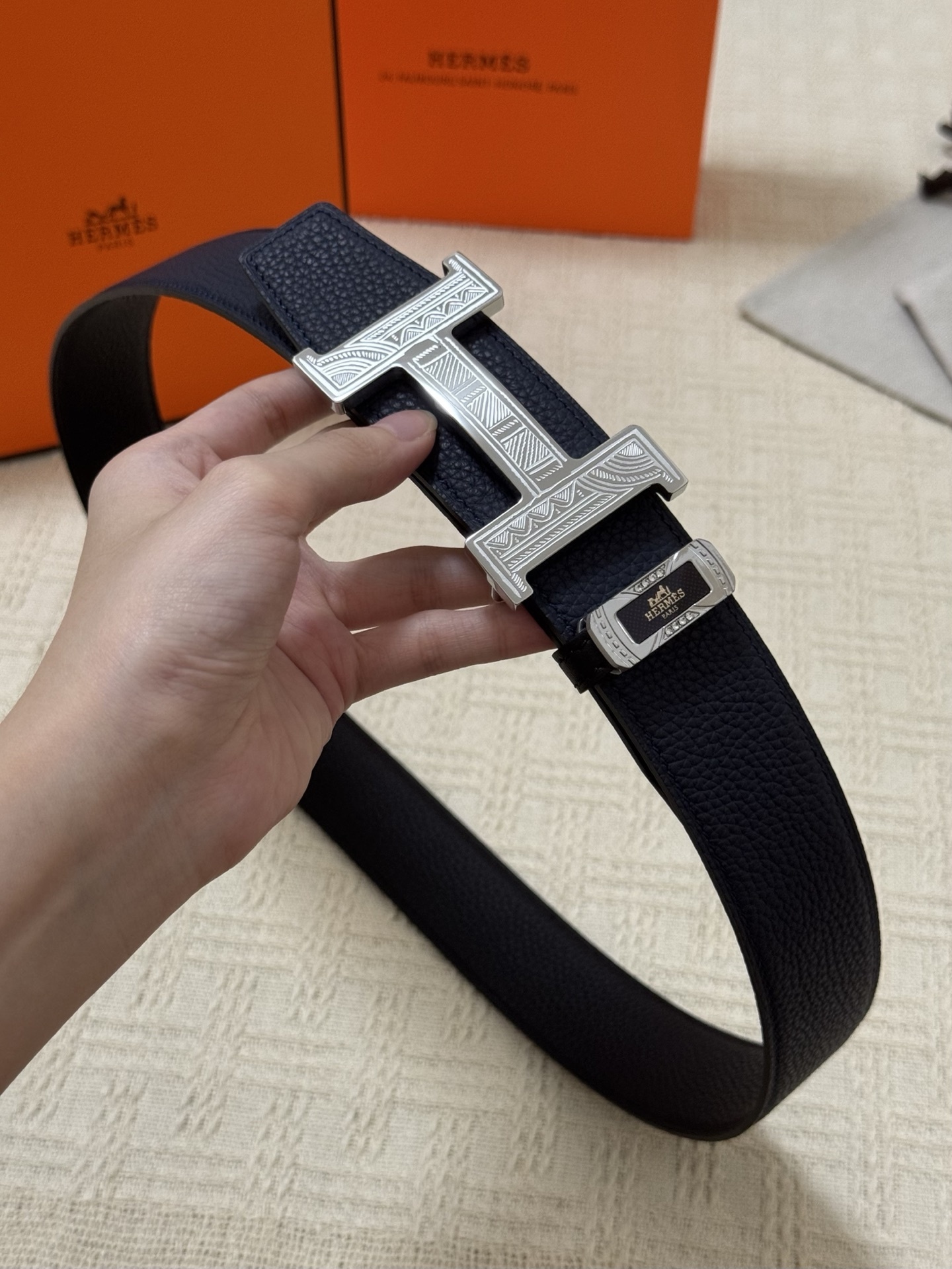 Premium Men's Leather Belt with Engraved Silver H Buckle