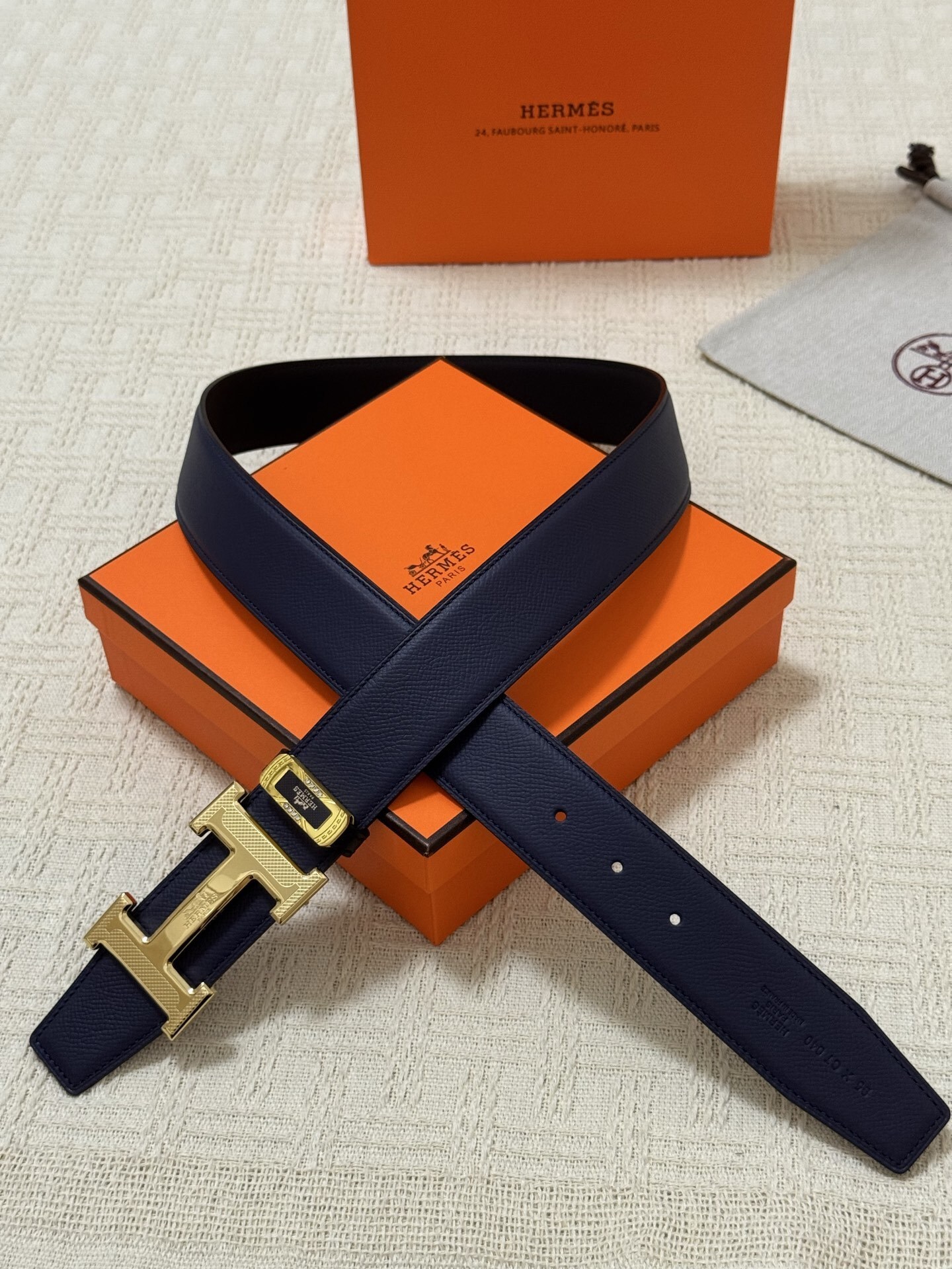 Hermes Luxury Navy Leather Belt with Gold Textured H Buckle