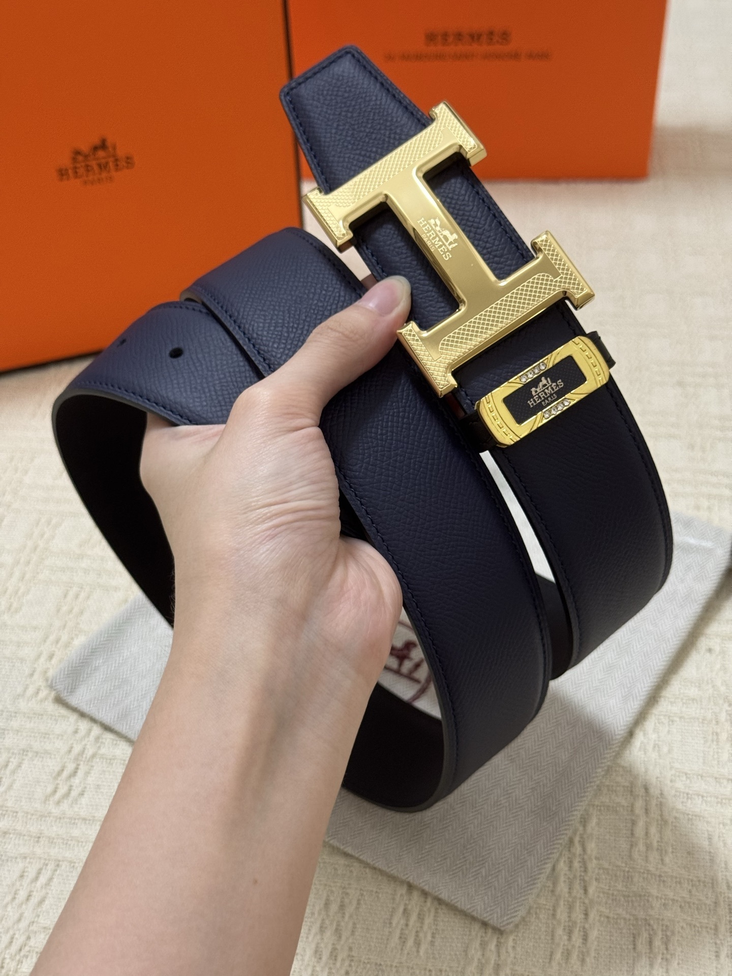 Hermes Luxury Navy Leather Belt with Gold Textured H Buckle