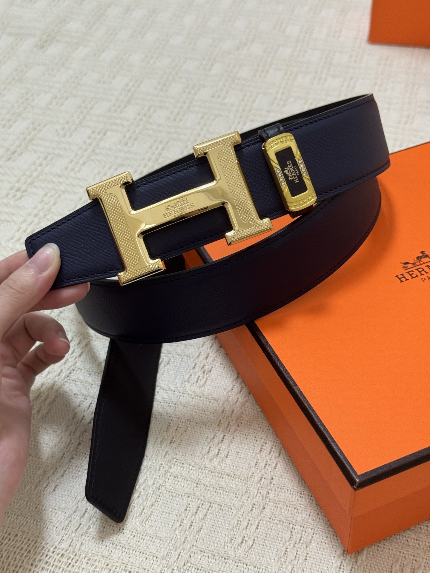 Hermes Luxury Navy Leather Belt with Gold Textured H Buckle