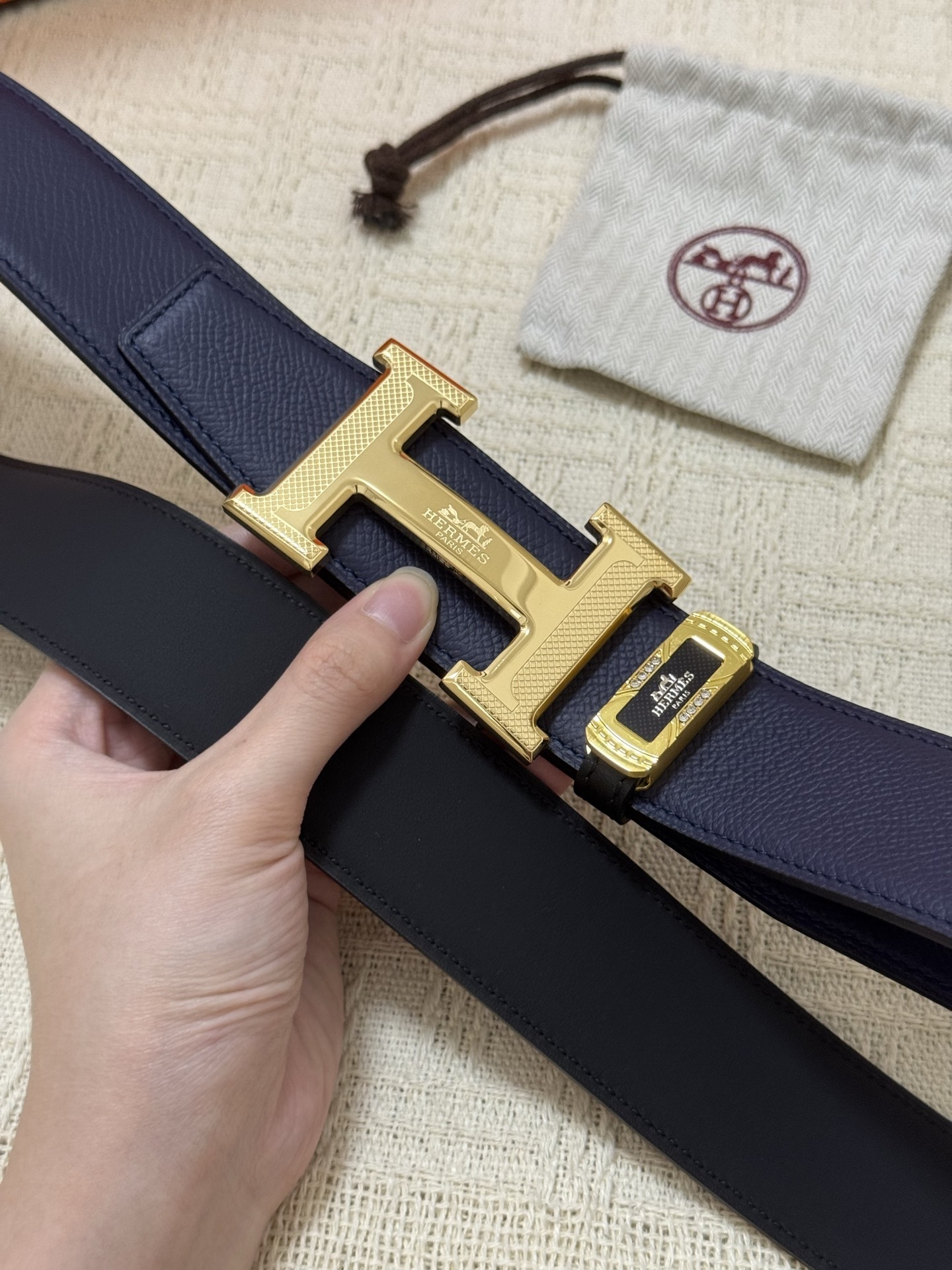 Hermes Luxury Navy Leather Belt with Gold Textured H Buckle