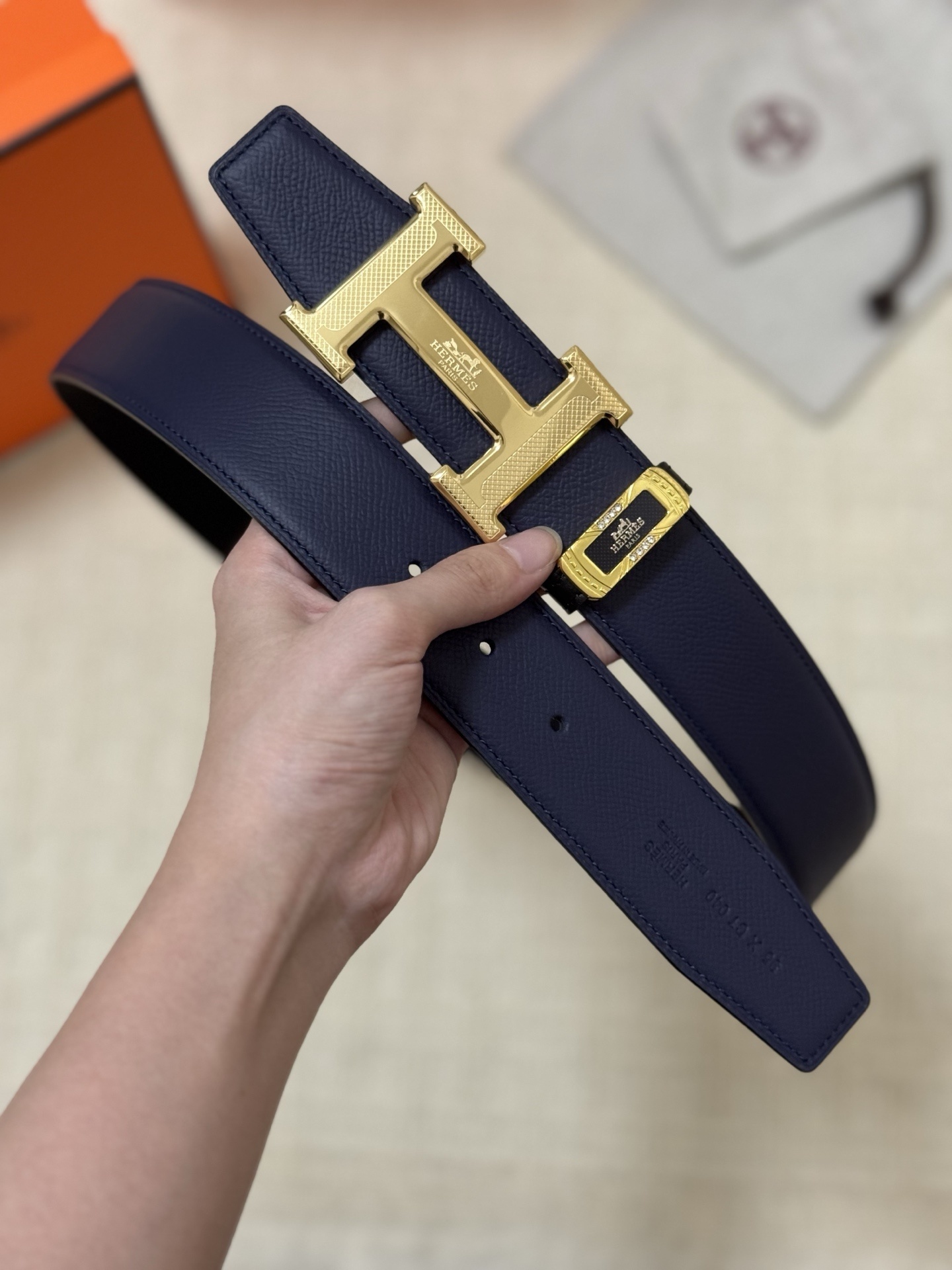 Hermes Luxury Navy Leather Belt with Gold Textured H Buckle
