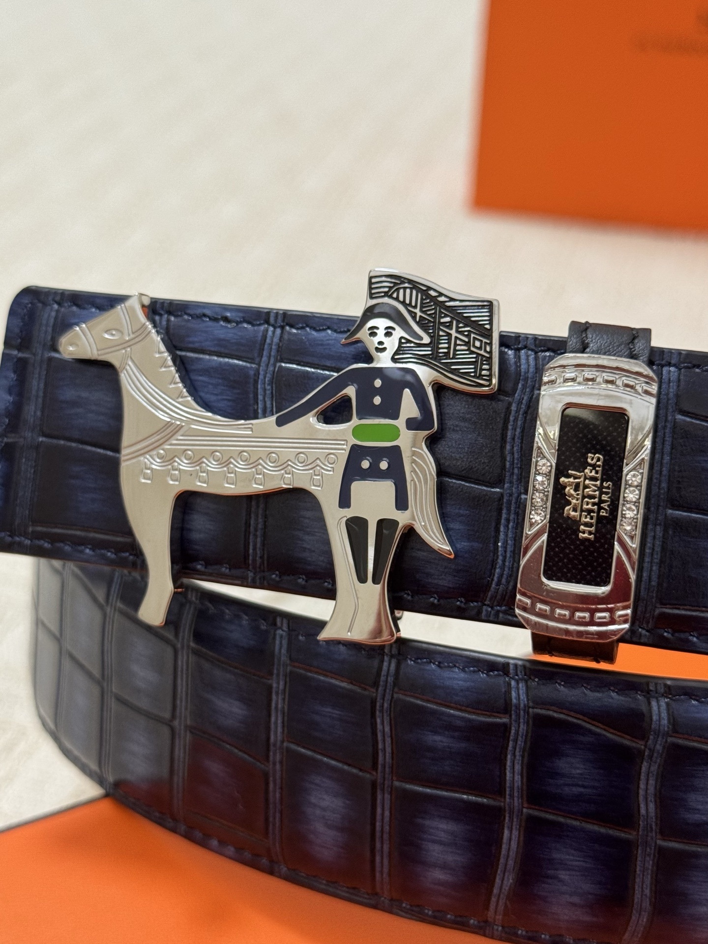 Hermès Men's Blue Crocodile Embossed Leather Belt with Horse Buckle