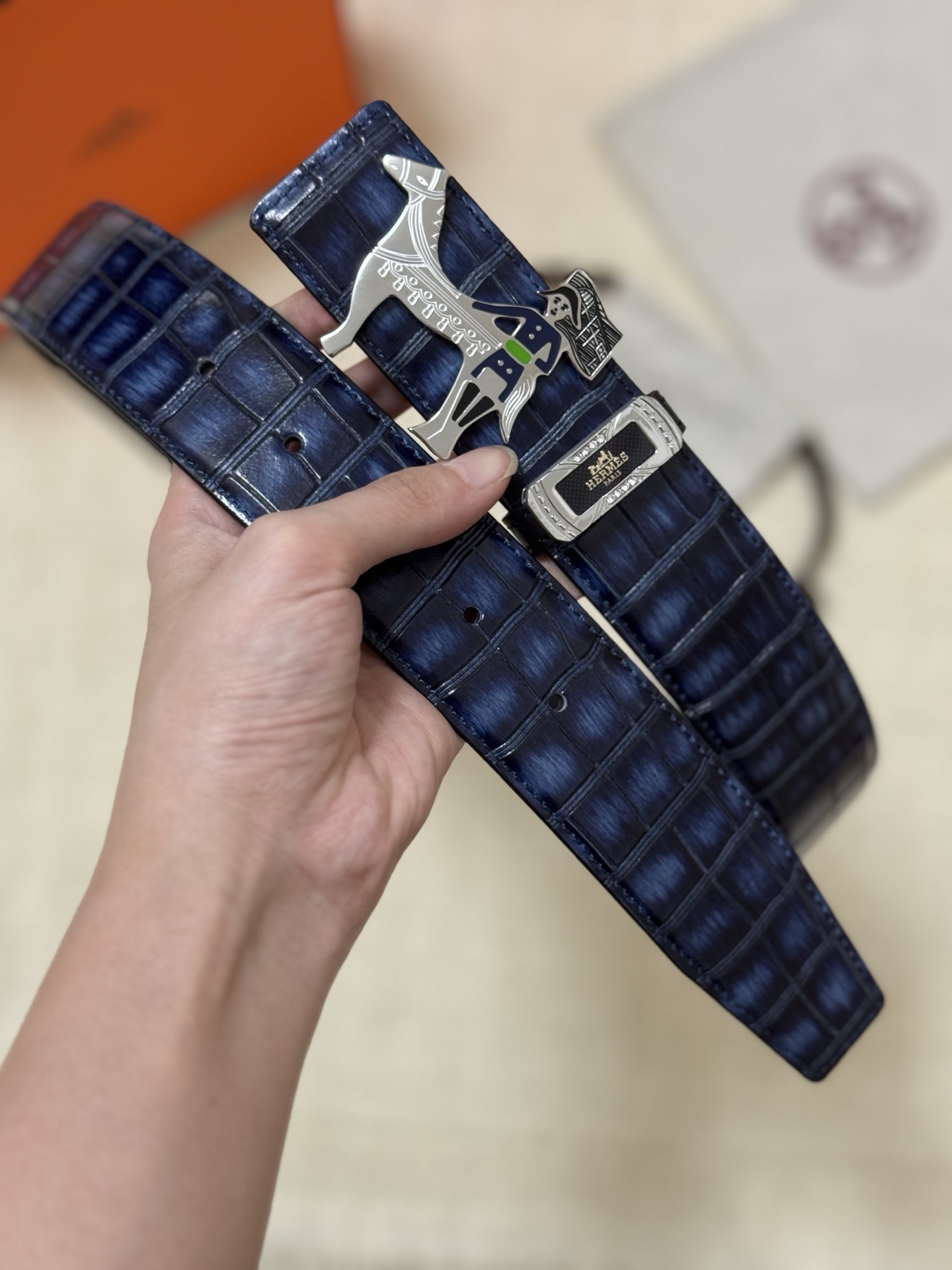 Hermès Men's Blue Crocodile Embossed Leather Belt with Horse Buckle