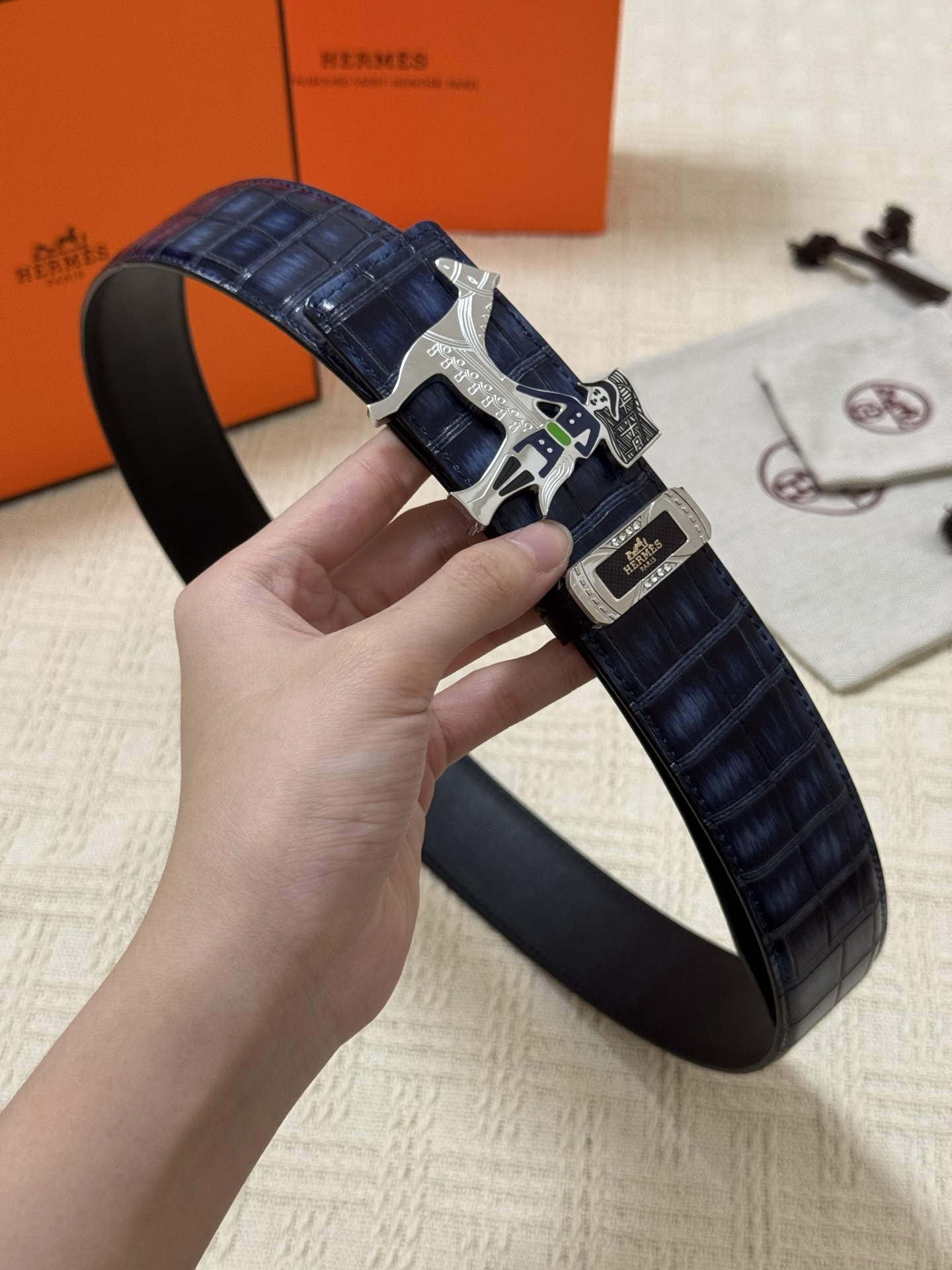 Hermès Men's Blue Crocodile Embossed Leather Belt with Horse Buckle