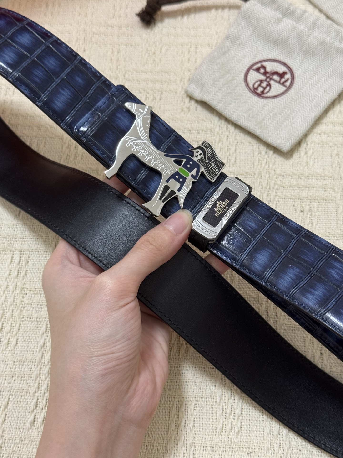 Hermès Men's Blue Crocodile Embossed Leather Belt with Horse Buckle